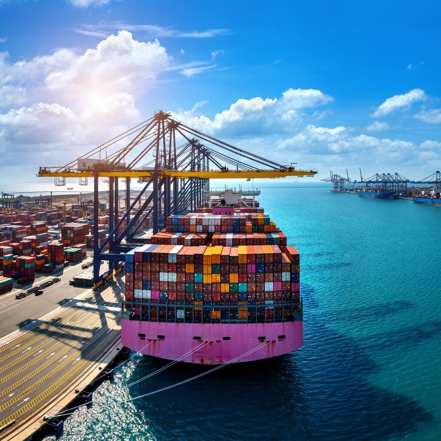 Container ship loading at a deep-water port