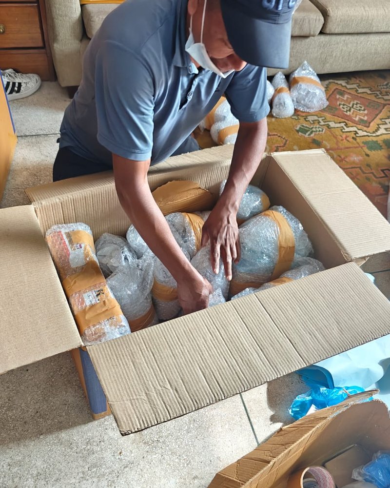Packer loading wrapped items into an export carton